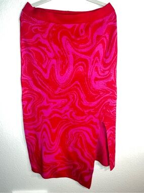 Vibrant Pink Red Swirl Asymmetrical knit Midi Skirt